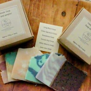Assorted handmade soap end pieces packaged together as a sampler set