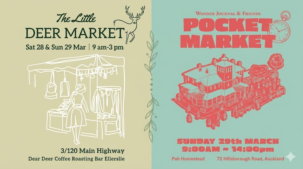 Combined flyer for the Mini Market at Dear Deer Coffee Roasting Bar Ellerslie and the Pocket Market at Pah Homestead, featuring handmade goods and local makers.