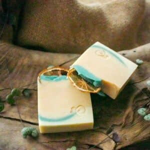 Handmade yuzu soap topped with dried organic yuzu slices.